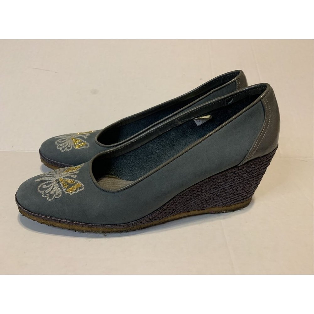Bally Made In Italy Womens  Embroidered Espadrille Wedges Blue Leather Size 6.5